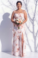 Laden Sie das Bild in den Galerie-Viewer, Elfenbeinrotes Blumen-Spaghettiträger Brautjungfernkleid mit Schlitz
