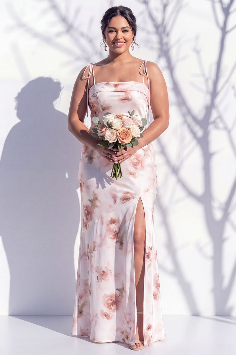 Laden Sie das Bild in den Galerie-Viewer, Elfenbeinrotes Blumen-Spaghettiträger Brautjungfernkleid mit Schlitz
