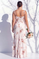 Laden Sie das Bild in den Galerie-Viewer, Elfenbeinrotes Blumen-Spaghettiträger Brautjungfernkleid mit Schlitz