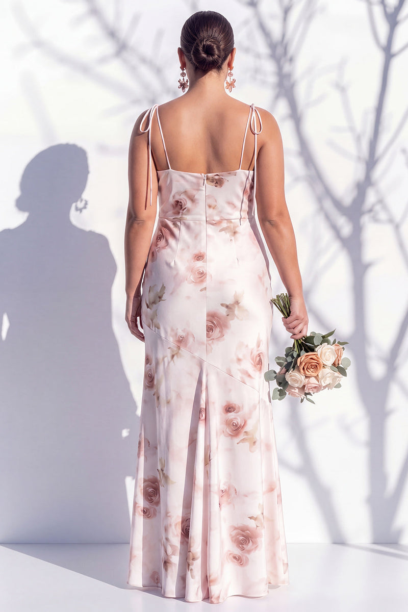 Laden Sie das Bild in den Galerie-Viewer, Elfenbeinrotes Blumen-Spaghettiträger Brautjungfernkleid mit Schlitz