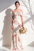 Laden Sie das Bild in den Galerie-Viewer, Off-the-shoulder elfenbeinrotes Blumen-Meerjungfrauen-Brautjungfrauenkleid
