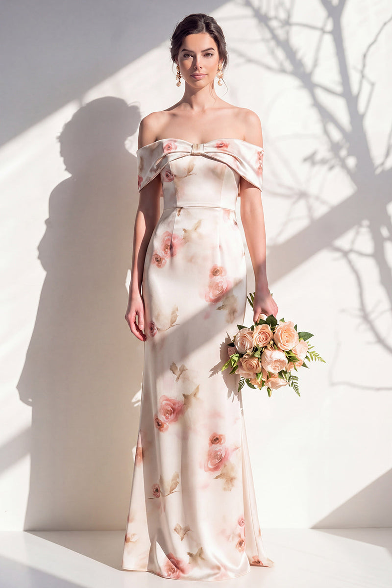 Laden Sie das Bild in den Galerie-Viewer, Off-the-shoulder elfenbeinrotes Blumen-Meerjungfrauen-Brautjungfrauenkleid