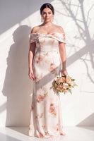 Laden Sie das Bild in den Galerie-Viewer, Off-the-shoulder elfenbeinrotes Blumen-Meerjungfrauen-Brautjungfrauenkleid