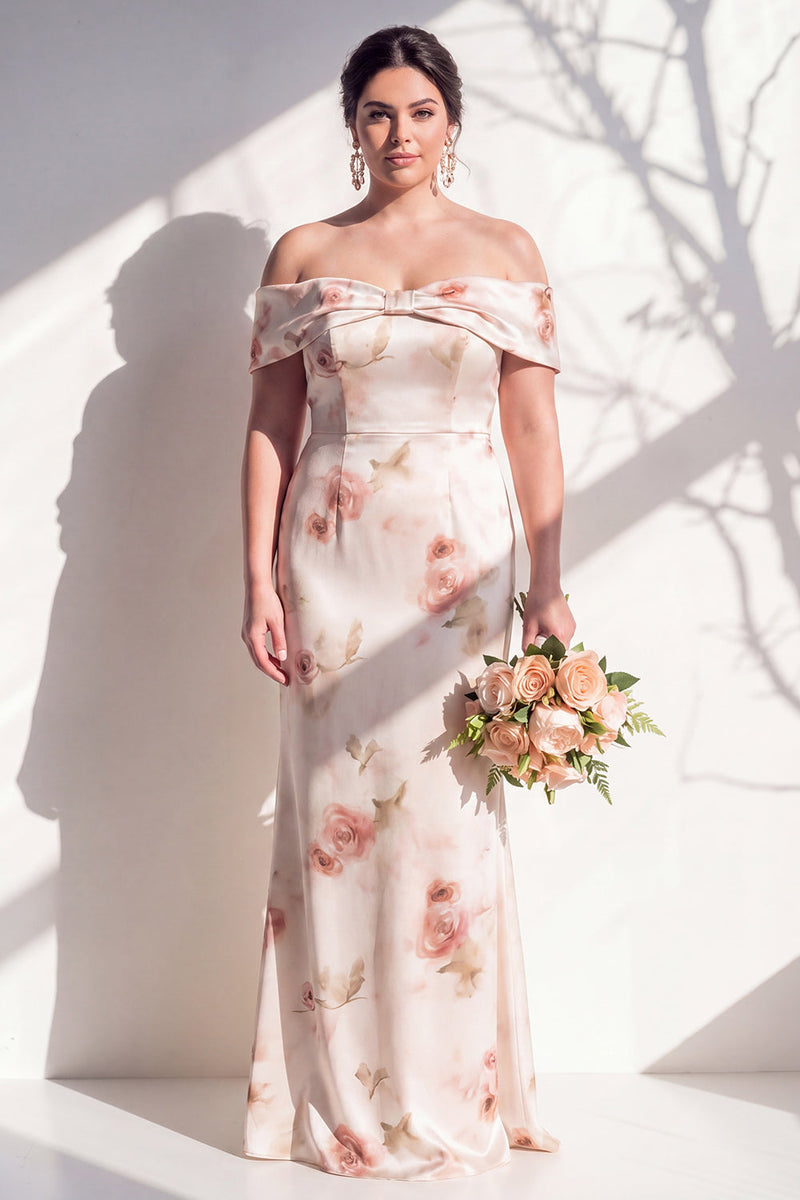 Laden Sie das Bild in den Galerie-Viewer, Off-the-shoulder elfenbeinrotes Blumen-Meerjungfrauen-Brautjungfrauenkleid