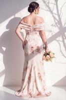 Laden Sie das Bild in den Galerie-Viewer, Off-the-shoulder elfenbeinrotes Blumen-Meerjungfrauen-Brautjungfrauenkleid
