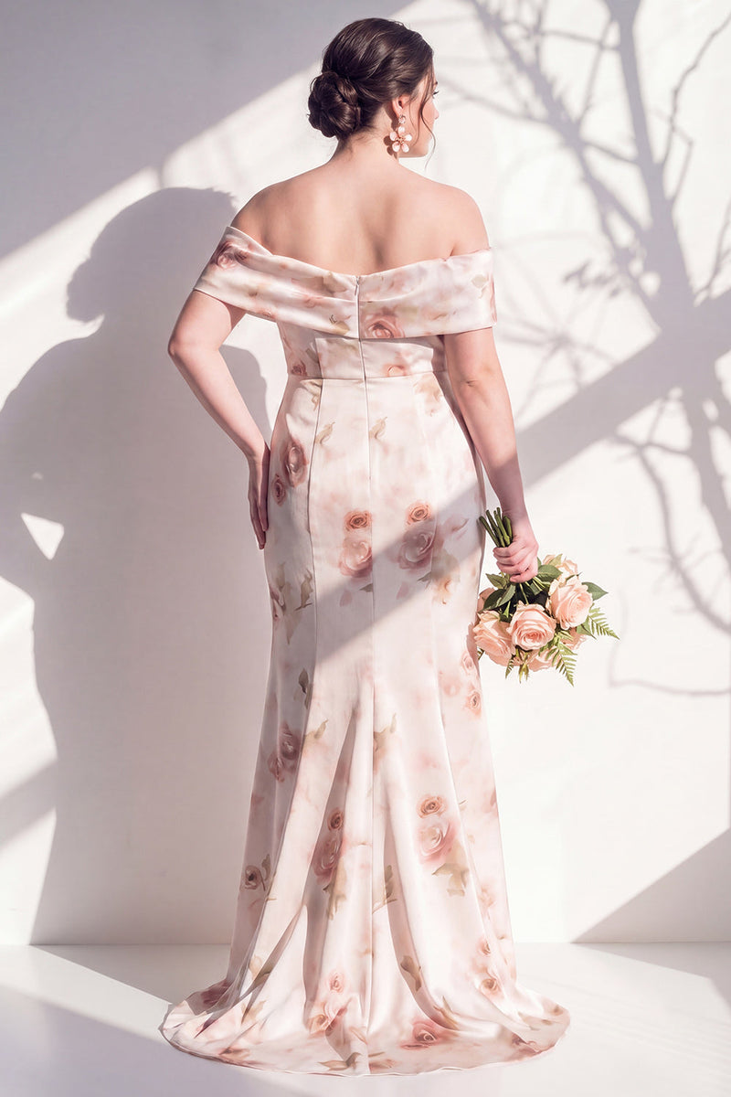 Laden Sie das Bild in den Galerie-Viewer, Off-the-shoulder elfenbeinrotes Blumen-Meerjungfrauen-Brautjungfrauenkleid