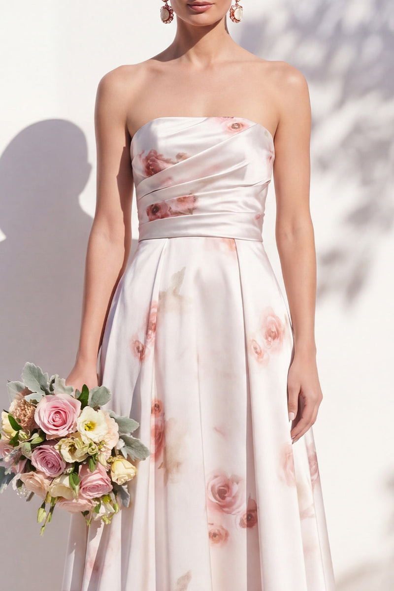 Laden Sie das Bild in den Galerie-Viewer, Trägerloses elfenbeinrotes Blumen-A-Linie Brautjungfernkleid