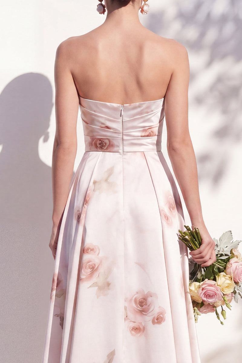 Laden Sie das Bild in den Galerie-Viewer, Trägerloses elfenbeinrotes Blumen-A-Linie Brautjungfernkleid