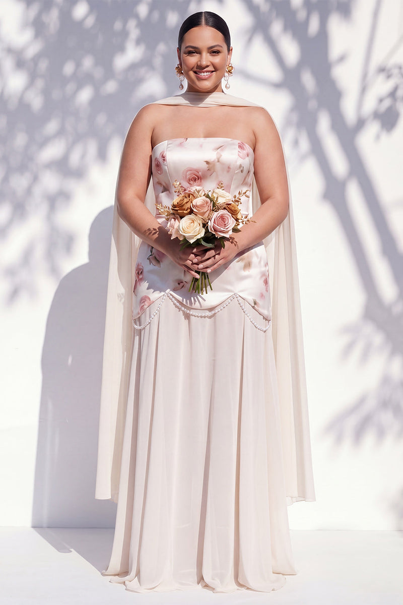 Laden Sie das Bild in den Galerie-Viewer, Trägerloses, elfenbeinrotes Blumen-A-Linie Brautjungfernkleid mit Halsschal