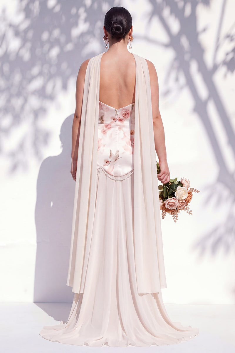 Laden Sie das Bild in den Galerie-Viewer, Trägerloses, elfenbeinrotes Blumen-A-Linie Brautjungfernkleid mit Halsschal
