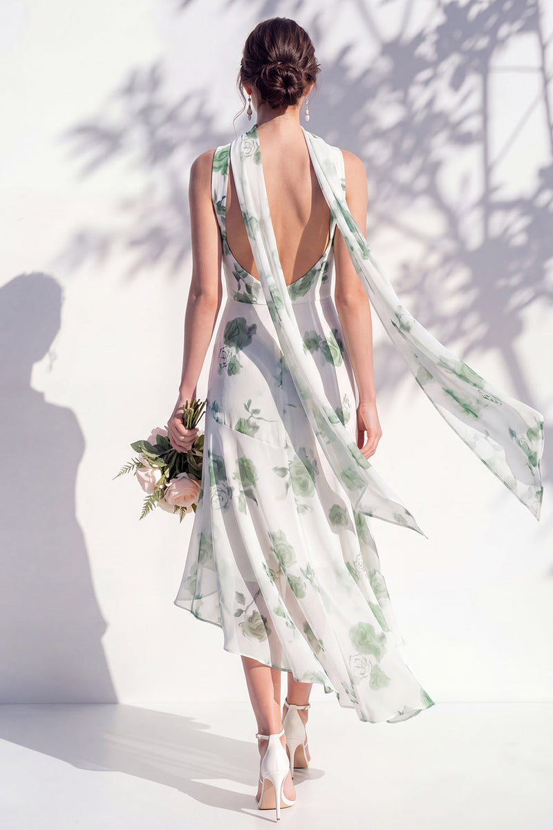 Laden Sie das Bild in den Galerie-Viewer, Grünes Blumen-Meerjungfrauen-V-Ausschnitt-Brautjungfernkleid mit Schal