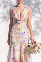 Laden Sie das Bild in den Galerie-Viewer, Grünes Blumen Meerjungfrauen V-Ausschnitt Brautjungfernkleid mit Schal