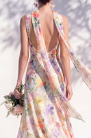 Laden Sie das Bild in den Galerie-Viewer, Grünes Blumen Meerjungfrauen V-Ausschnitt Brautjungfernkleid mit Schal