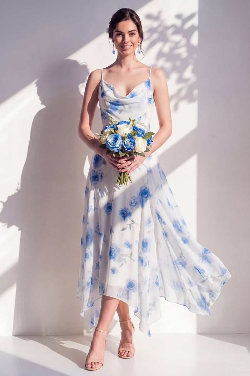 Laden Sie das Bild in den Galerie-Viewer, Grünes Blumenkleid mit A-Linie mit Cowl-Ausschnitt und Brautjungfernkleid