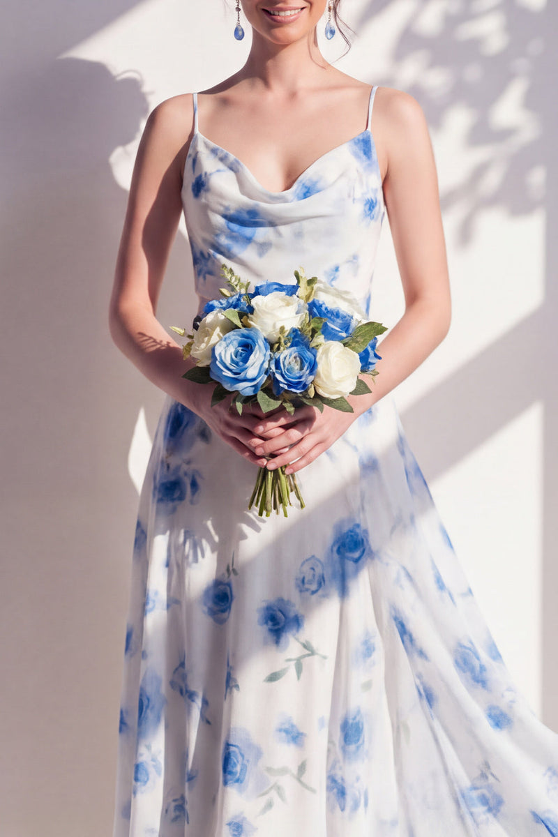 Laden Sie das Bild in den Galerie-Viewer, Grünes Blumenkleid mit A-Linie mit Cowl-Ausschnitt und Brautjungfernkleid