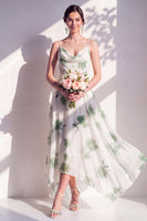 Laden Sie das Bild in den Galerie-Viewer, Grünes Blumenkleid mit A-Linie mit Cowl-Ausschnitt und Brautjungfernkleid