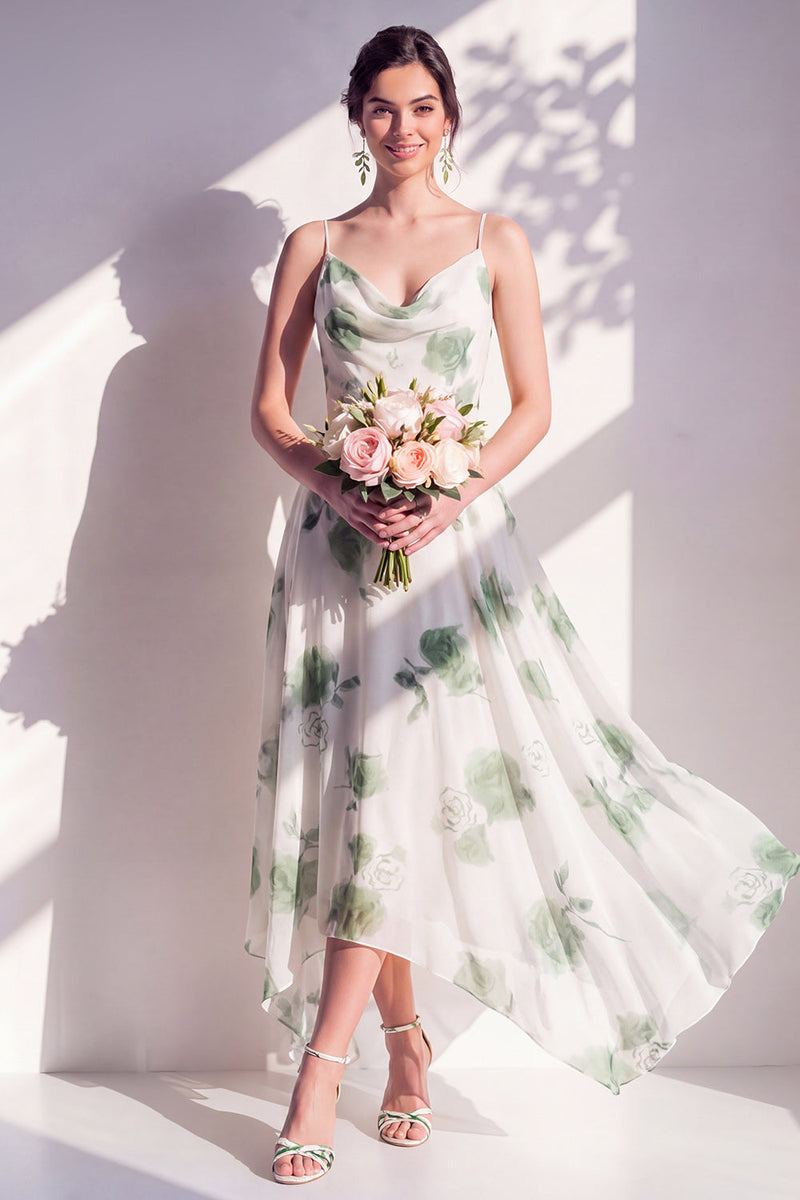 Laden Sie das Bild in den Galerie-Viewer, Grünes Blumenkleid mit A-Linie mit Cowl-Ausschnitt und Brautjungfernkleid