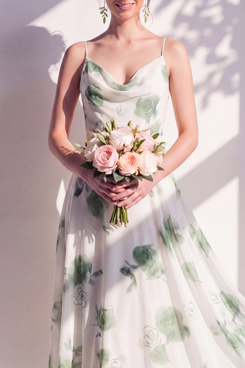 Laden Sie das Bild in den Galerie-Viewer, Grünes Blumenkleid mit A-Linie mit Cowl-Ausschnitt und Brautjungfernkleid