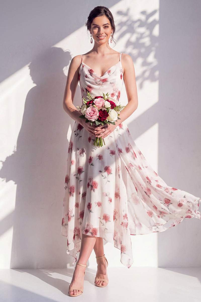 Laden Sie das Bild in den Galerie-Viewer, Grünes Blumenkleid mit A-Linie mit Cowl-Ausschnitt und Brautjungfernkleid