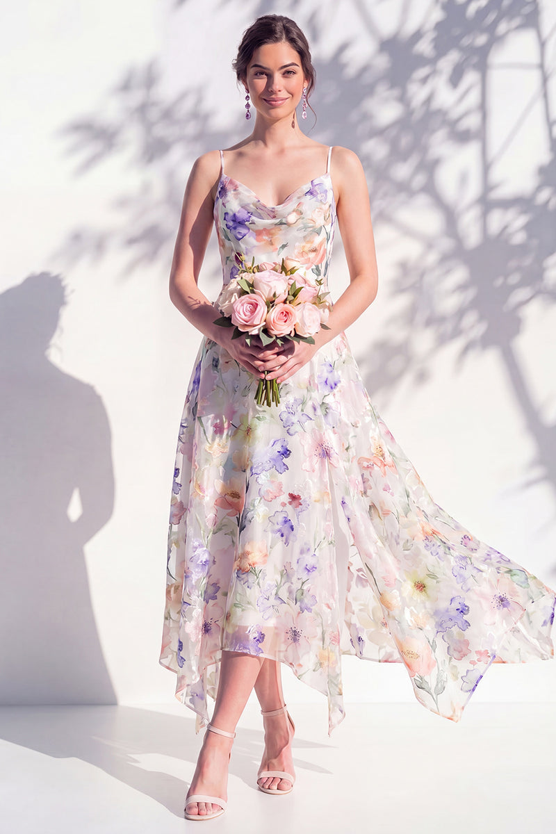 Laden Sie das Bild in den Galerie-Viewer, Grünes Blumen A-Linie Cowl-Ausschnitt Brautjungfernkleid