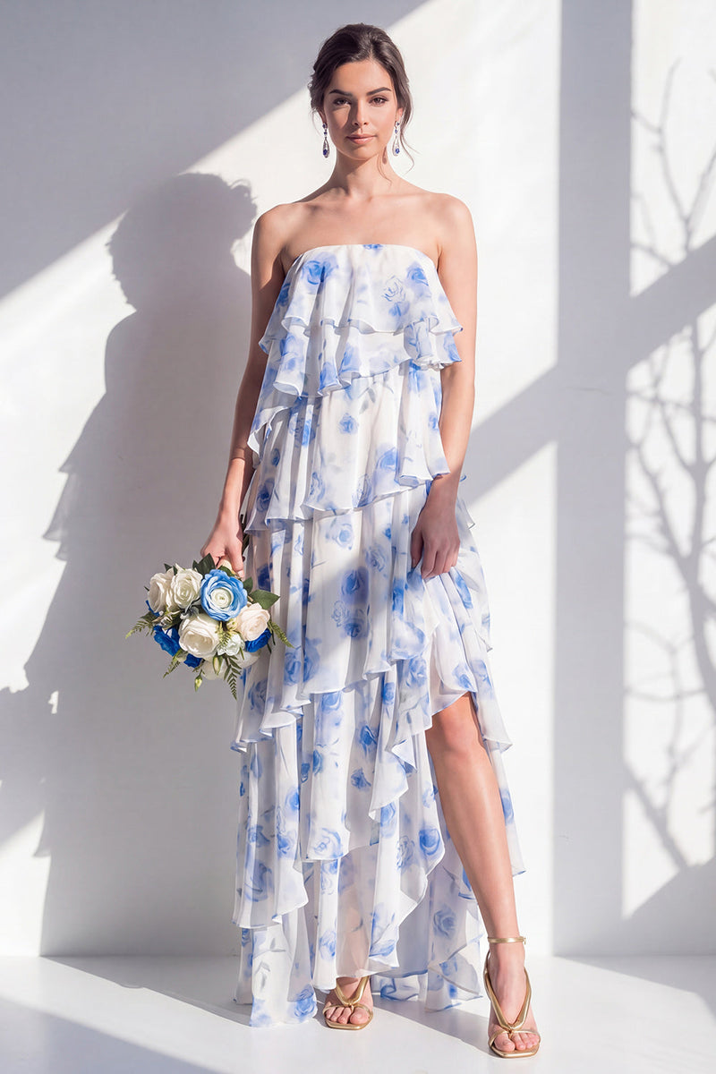 Laden Sie das Bild in den Galerie-Viewer, Trägerloses, gestuftes grünes Blumen-A-Linie Brautjungfernkleid