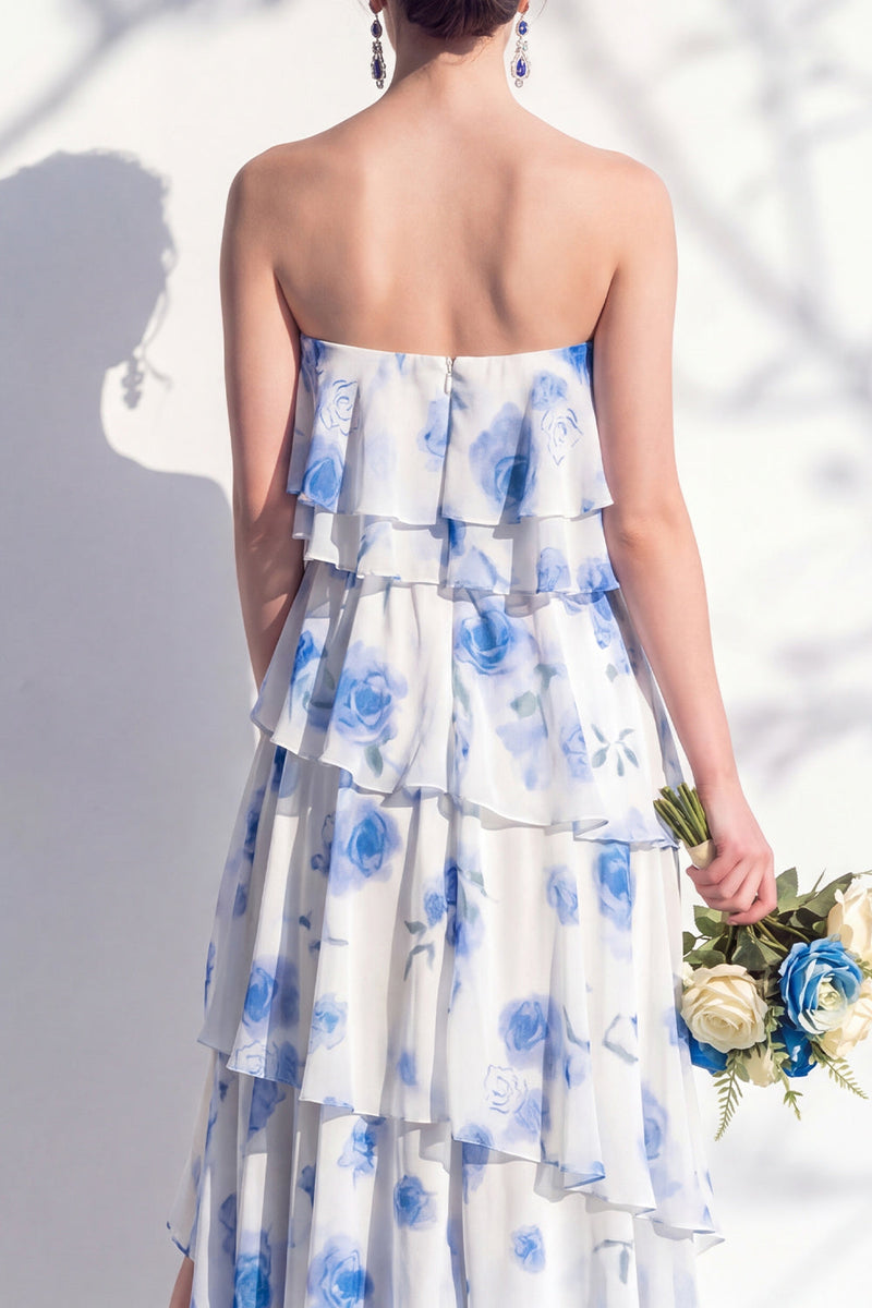 Laden Sie das Bild in den Galerie-Viewer, Trägerloses, gestuftes grünes Blumen-A-Linie Brautjungfernkleid
