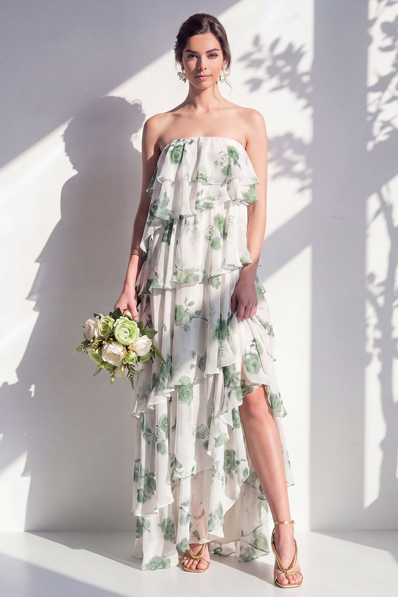 Laden Sie das Bild in den Galerie-Viewer, Trägerloses, gestuftes grünes Blumen-A-Linie Brautjungfernkleid