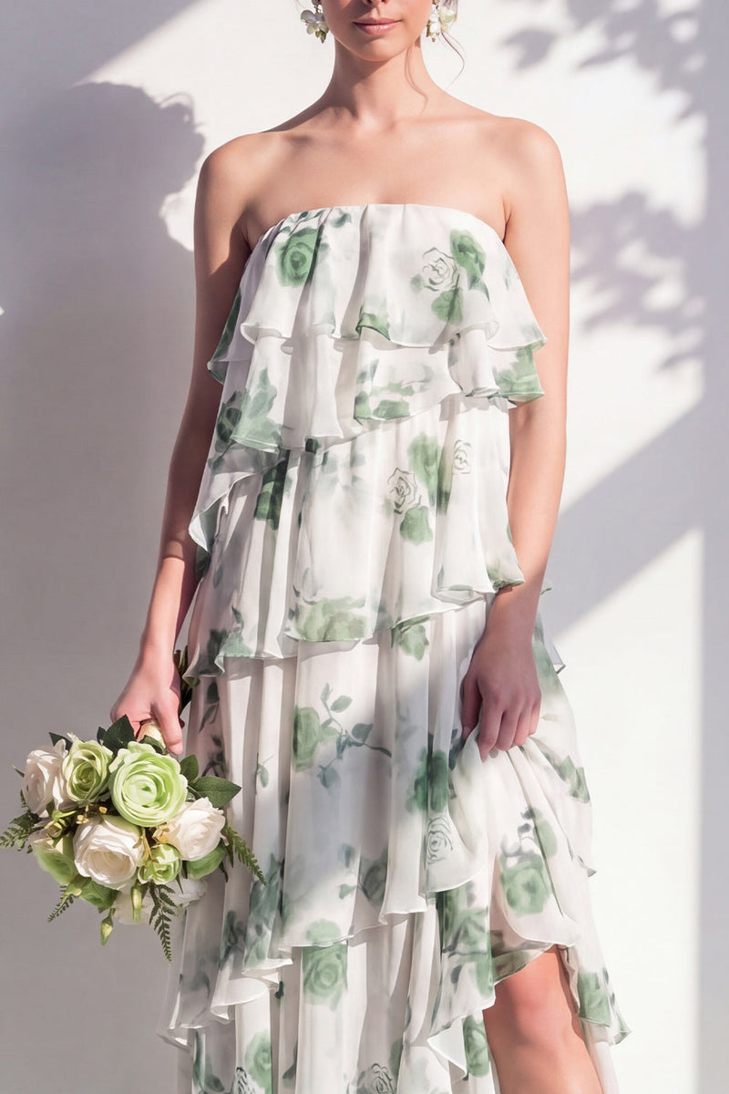 Laden Sie das Bild in den Galerie-Viewer, Trägerloses, gestuftes grünes Blumen-A-Linie Brautjungfernkleid