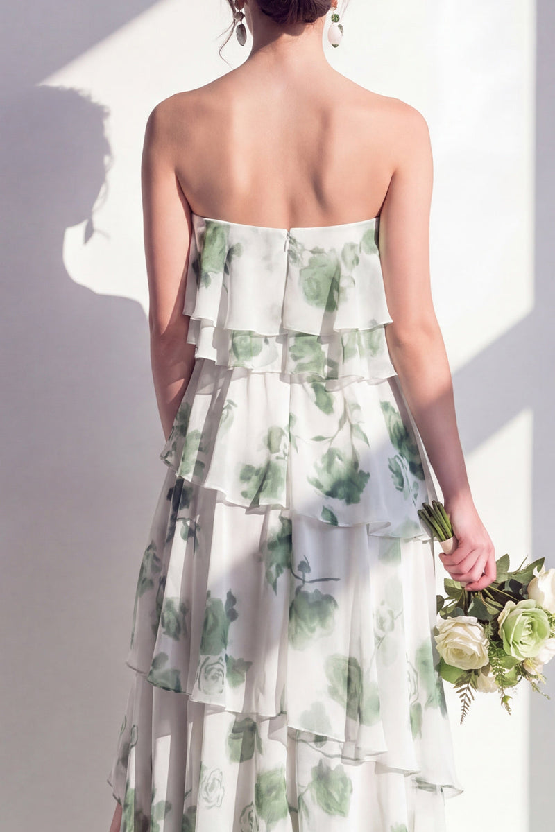 Laden Sie das Bild in den Galerie-Viewer, Trägerloses, gestuftes grünes Blumen-A-Linie Brautjungfernkleid