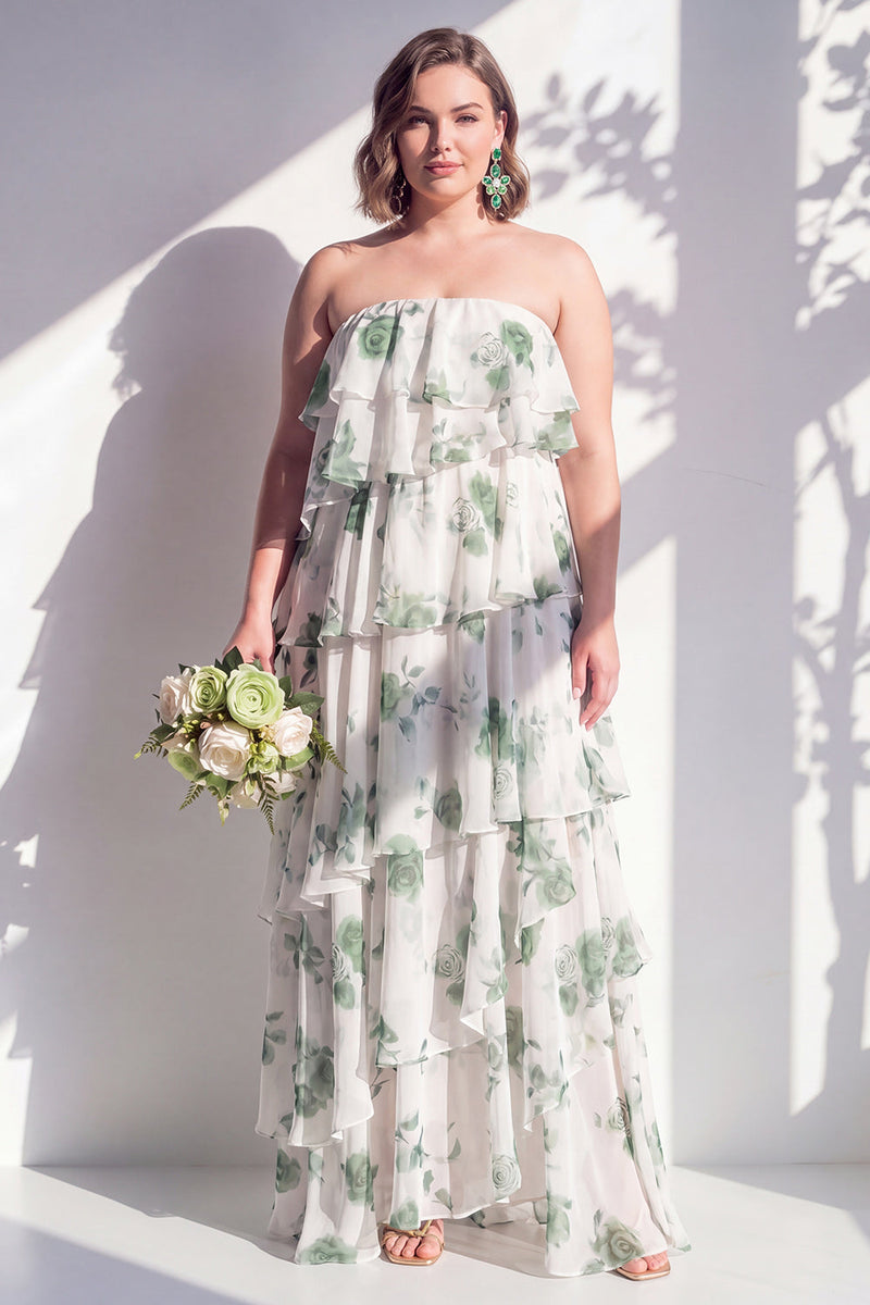 Laden Sie das Bild in den Galerie-Viewer, Trägerloses, gestuftes grünes Blumen-A-Linie Brautjungfernkleid