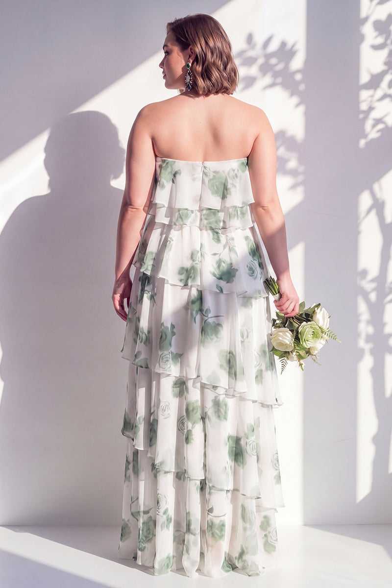Laden Sie das Bild in den Galerie-Viewer, Trägerloses, gestuftes grünes Blumen-A-Linie Brautjungfernkleid