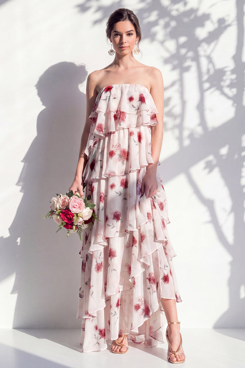 Laden Sie das Bild in den Galerie-Viewer, Trägerloses, gestuftes grünes Blumen-A-Linie Brautjungfernkleid