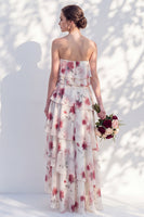 Laden Sie das Bild in den Galerie-Viewer, Trägerloses, gestuftes grünes Blumen-A-Linie Brautjungfernkleid