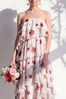 Laden Sie das Bild in den Galerie-Viewer, Trägerloses, gestuftes grünes Blumen-A-Linie Brautjungfernkleid