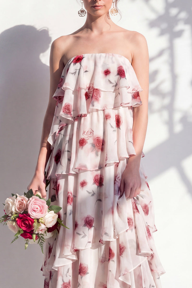 Laden Sie das Bild in den Galerie-Viewer, Trägerloses, gestuftes grünes Blumen-A-Linie Brautjungfernkleid