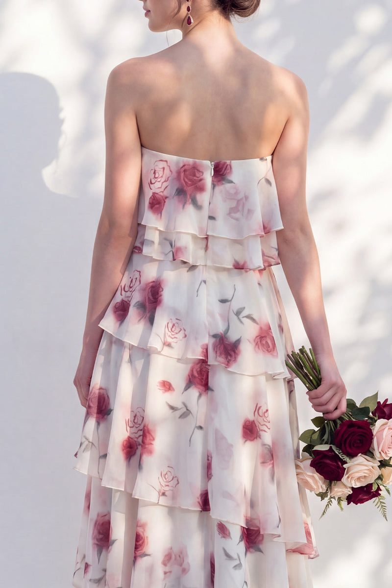 Laden Sie das Bild in den Galerie-Viewer, Trägerloses, gestuftes grünes Blumen-A-Linie Brautjungfernkleid