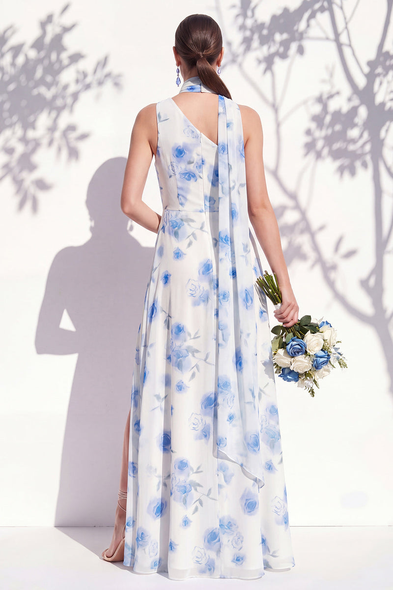 Laden Sie das Bild in den Galerie-Viewer, Einschultergrünes Blumenmuster A-Linie Brautjungfernkleid mit Schlitz
