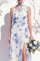Laden Sie das Bild in den Galerie-Viewer, Einschultergrünes Blumenmuster A-Linie Brautjungfernkleid mit Schlitz