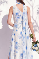 Laden Sie das Bild in den Galerie-Viewer, Einschultergrünes Blumenmuster A-Linie Brautjungfernkleid mit Schlitz