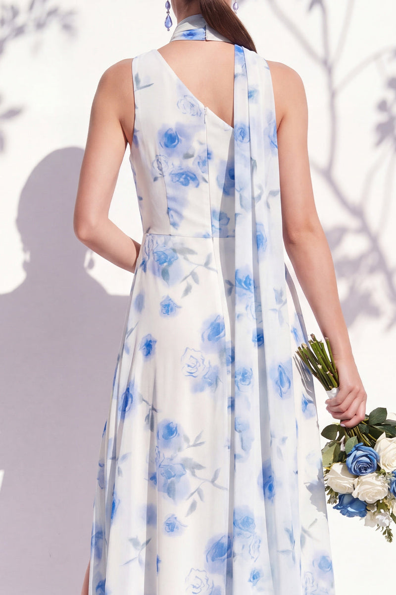 Laden Sie das Bild in den Galerie-Viewer, Einschultergrünes Blumenmuster A-Linie Brautjungfernkleid mit Schlitz
