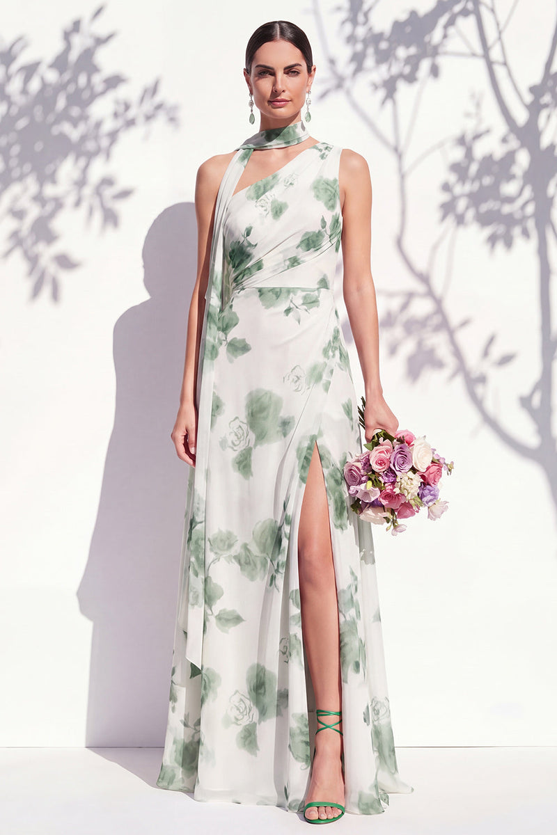 Laden Sie das Bild in den Galerie-Viewer, Einschultergrünes Blumenmuster A-Linie Brautjungfernkleid mit Schlitz