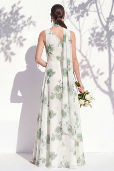 Einschultergrünes Blumenmuster A-Linie Brautjungfernkleid mit Schlitz