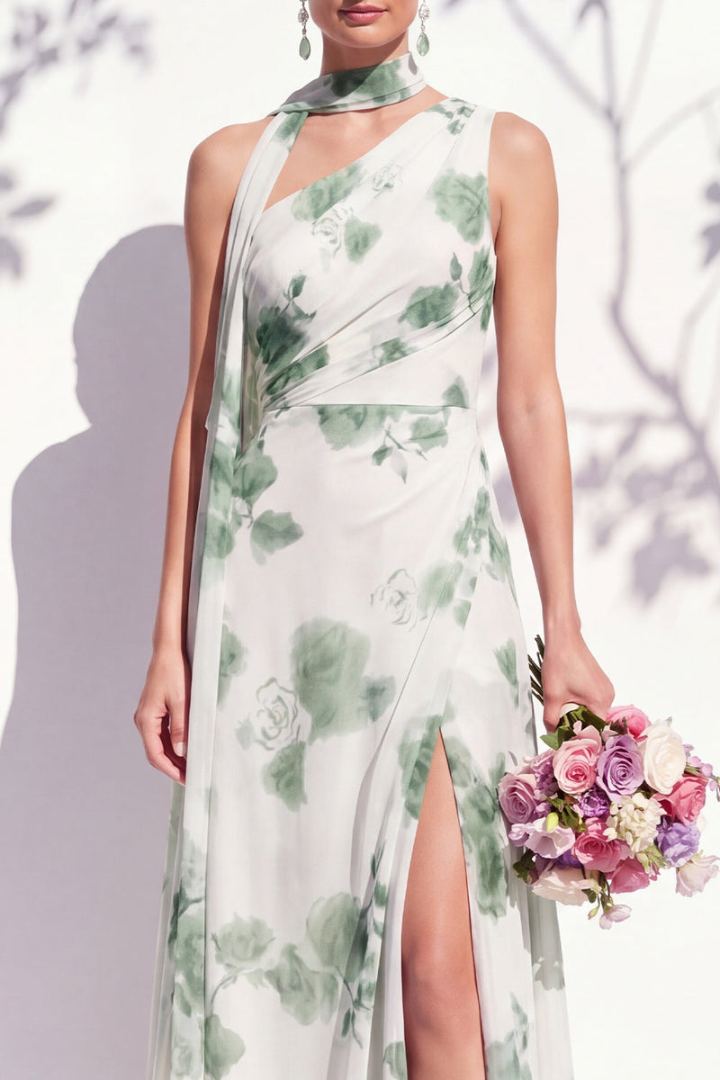 Laden Sie das Bild in den Galerie-Viewer, Einschultergrünes Blumenmuster A-Linie Brautjungfernkleid mit Schlitz