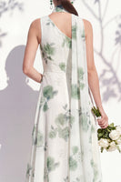 Laden Sie das Bild in den Galerie-Viewer, Einschultergrünes Blumenmuster A-Linie Brautjungfernkleid mit Schlitz