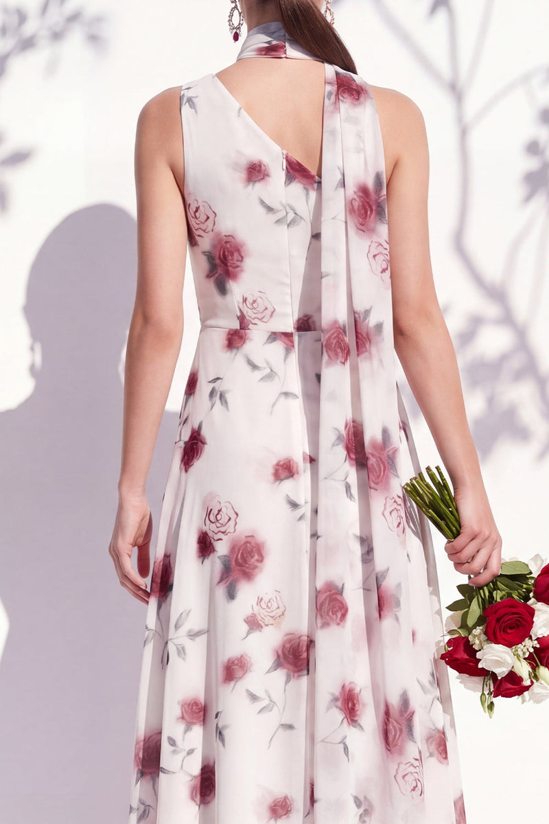 Laden Sie das Bild in den Galerie-Viewer, Einschultergrünes Blumenmuster A-Linie Brautjungfernkleid mit Schlitz