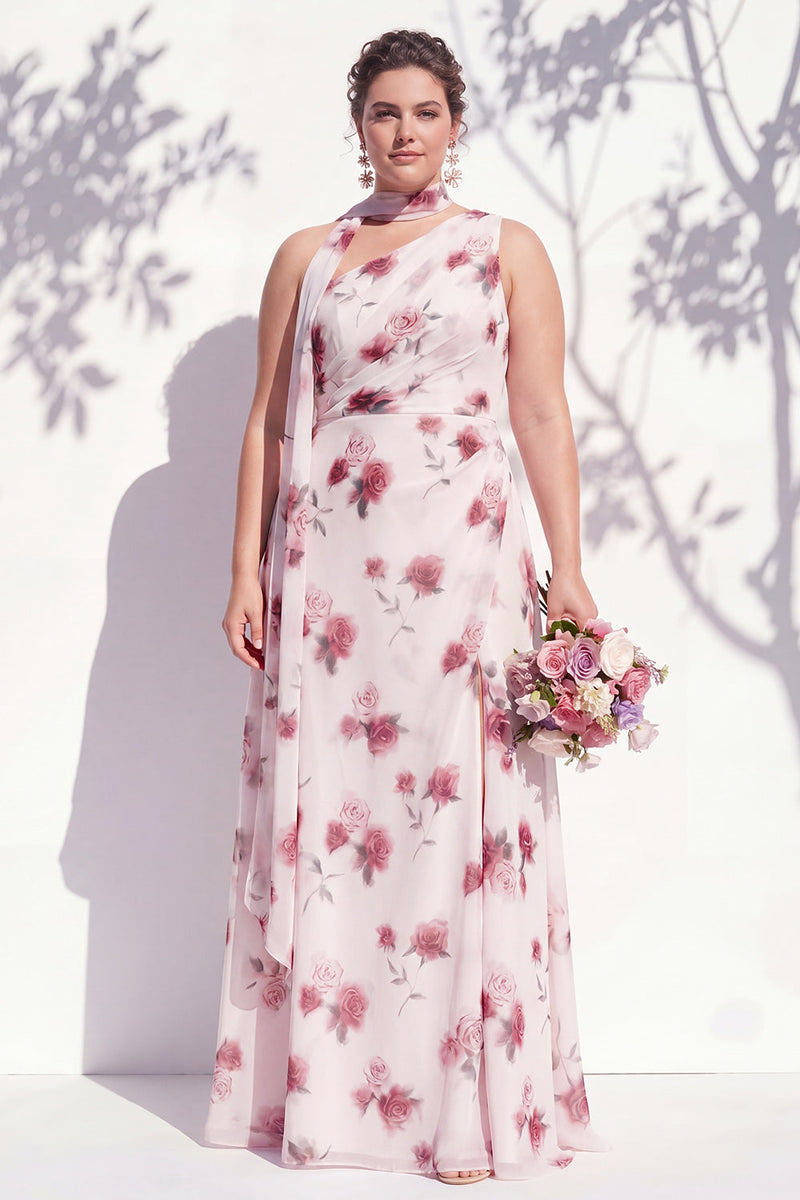 Laden Sie das Bild in den Galerie-Viewer, Einschultergrünes Blumenmuster A-Linie Brautjungfernkleid mit Schlitz