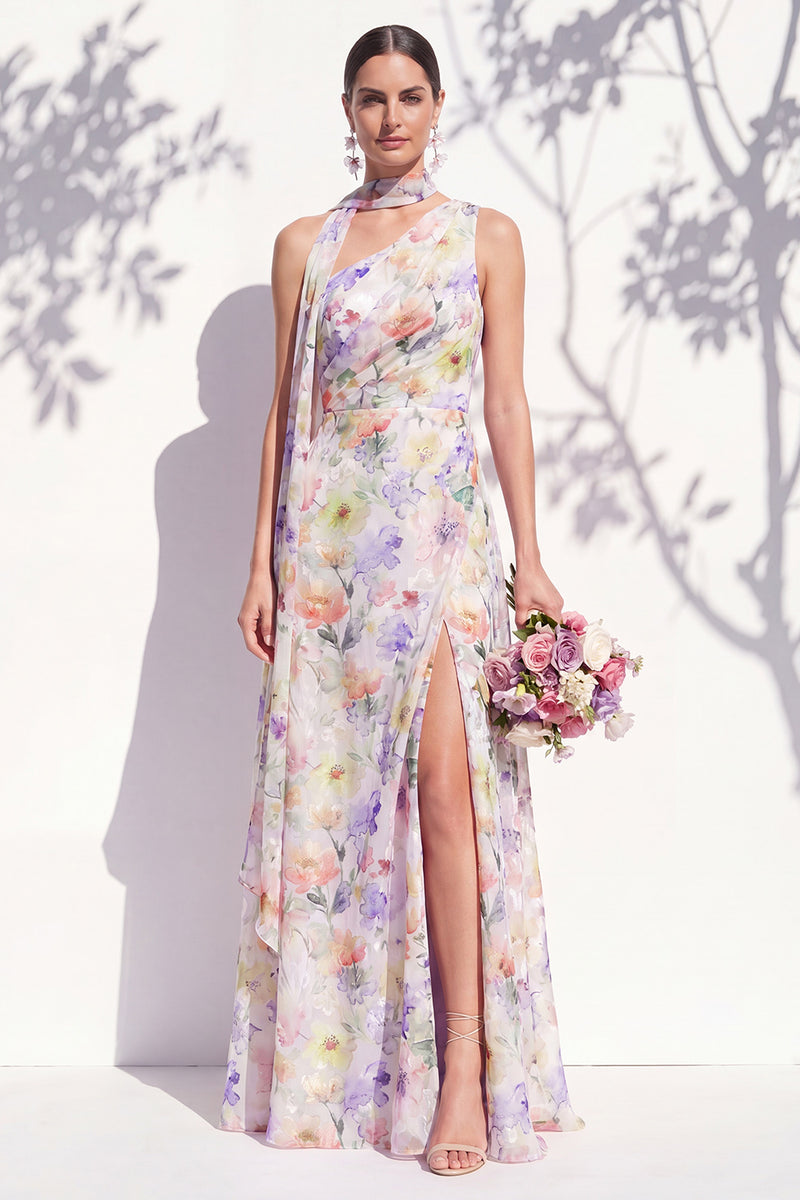 Laden Sie das Bild in den Galerie-Viewer, Einschulter Grünes Blumenmuster A-Linie Brautjungfernkleid mit Schlitz
