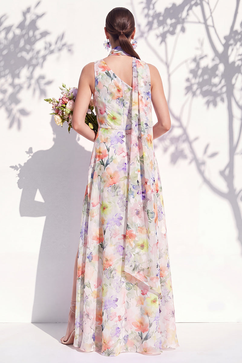 Laden Sie das Bild in den Galerie-Viewer, Einschulter Grünes Blumenmuster A-Linie Brautjungfernkleid mit Schlitz