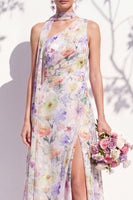 Laden Sie das Bild in den Galerie-Viewer, Einschulter Grünes Blumenmuster A-Linie Brautjungfernkleid mit Schlitz