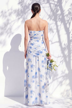 Trägerloses blaues Blumen-A-Linie Brautjungfernkleid mit Schlitz
